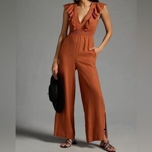 Anthropologie V-Neck Ruffle Jumpsuit
